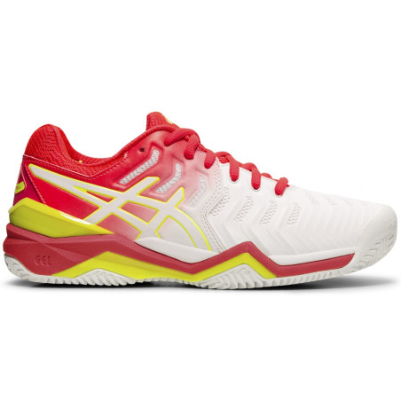 Chaussures ASICS Femme Gel-Resolution 7 Terre Battue Blanc/Rose/Jaune AH 2019
