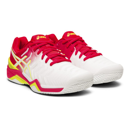 Chaussures ASICS Femme Gel-Resolution 7 Terre Battue Blanc/Rose/Jaune AH 2019