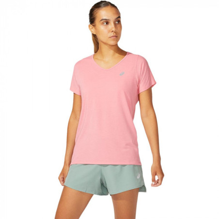 T-Shirt Running ASICS Femme V-NECK SS TOP Rose PE 2021